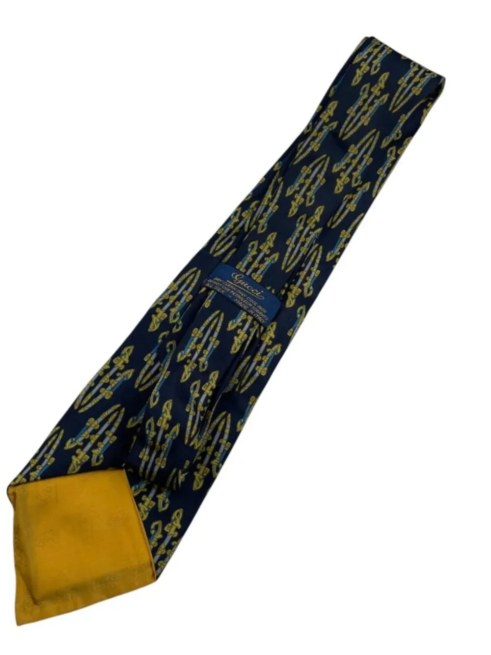VTG Gucci Men's 100% Silk Neck Tie Navy/Yellow Horse Equestrian Buckles • Italy - Picture 2 of 6